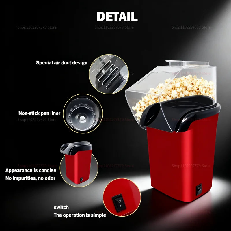 Premium Popcorn Maker Mini Hot Air Corn Popper Quick Fast Heating Stylish Compact Home Snack Machine for Movie Night or Parties